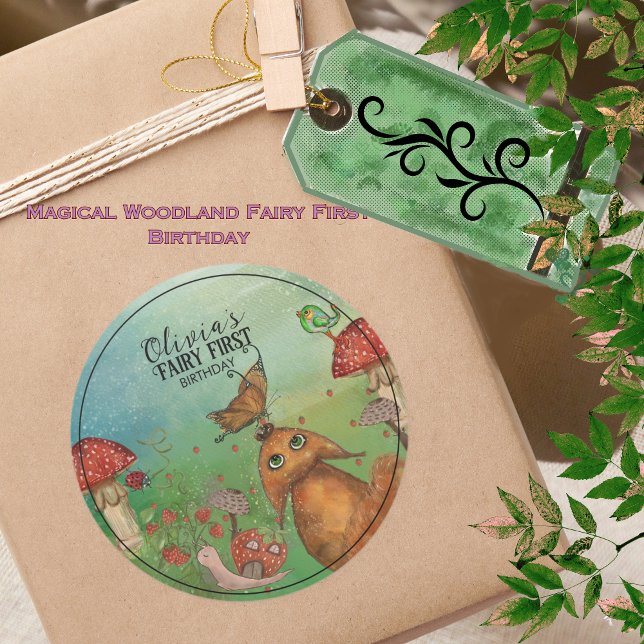 Adesivo Redondo Floresta Encantada Fox & Snail Fairy Primeiro Aniv (Enchanted Forest Fox & Snail Fairy First Birthday Classic Round Sticker)