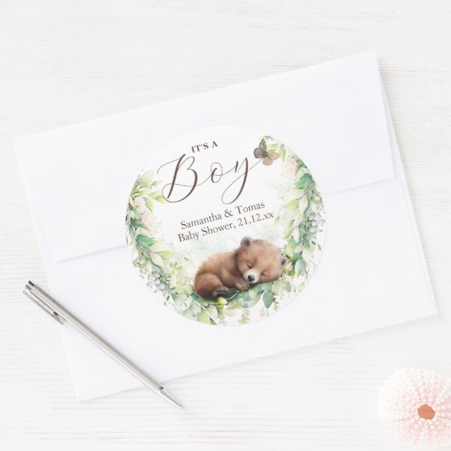 Adesivo Redondo Floresta Florestal Chá de Bebê Verde (Envelope)