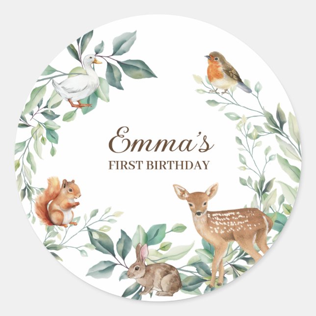 Adesivo Redondo Floresta Florestal Florestal Primeiro Aniversário (Frente)