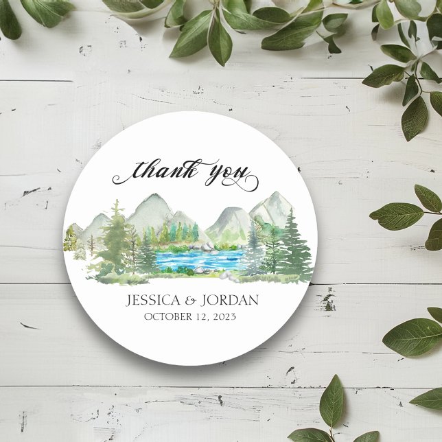 Adesivo Redondo Floresta Montanhosa Rio Aquarela Casamento Rústico (Criador carregado)