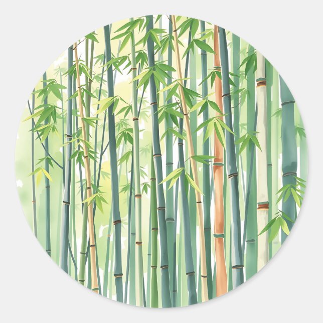 Adesivo Redondo Floresta Pacífica de Bambu em Aquarela (Frente)