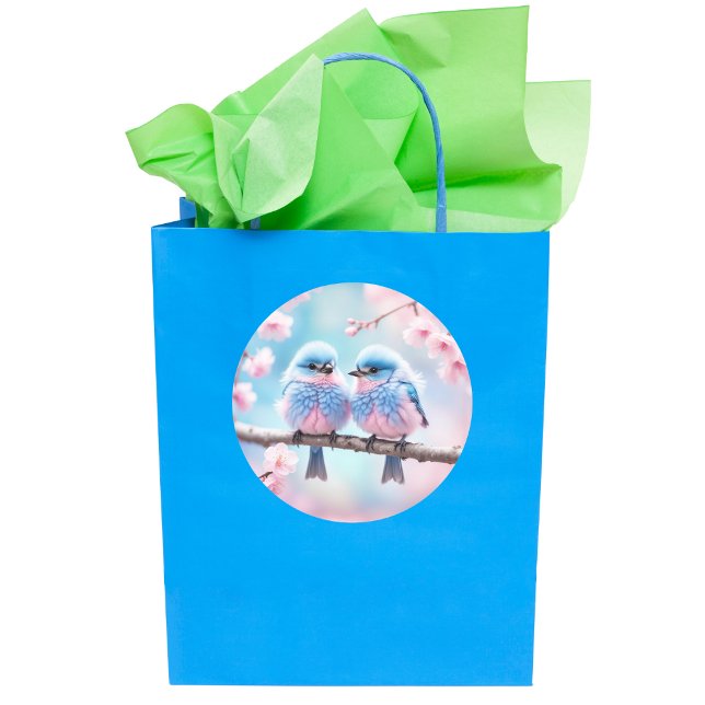 Adesivo Redondo Fluffy Bluebird e Cherry Blossom Chá de fraldas (A sweet pastel birds sticker to decorate your gift bag or scrapbook.)