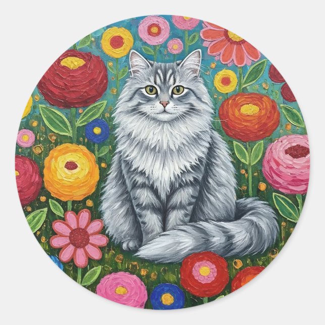 Adesivo Redondo Fluffy Gray Striped Cat with Folk Art Flowers (Frente)