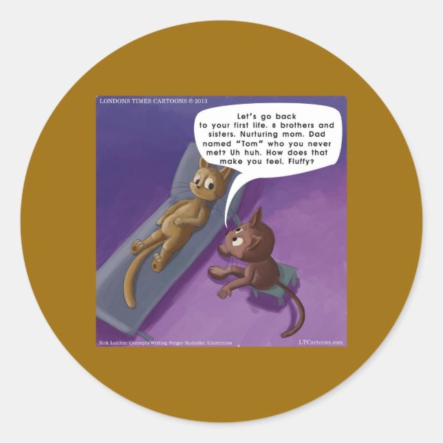 Adesivo Redondo Fluffy No Cartoon De Gato Engraçado Em Terapia (Frente)