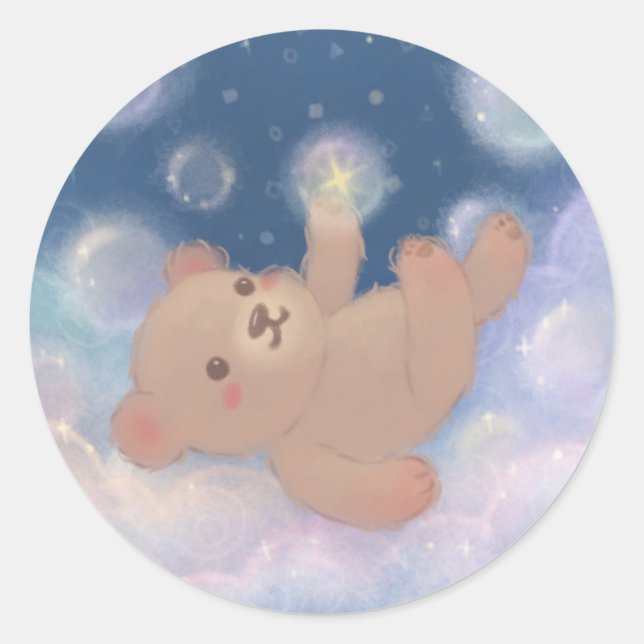 Adesivo Redondo Fluffy Teddy Bear Floating on Clouds (Frente)