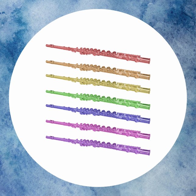 Adesivo Redondo Flutes Music Instrumento Rainbow (A sticker with red, orange, yellow, green, blue, purple and pink flutes)