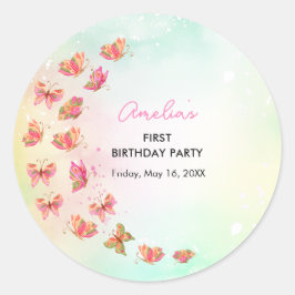 Adesivo Redondo Flutter Kiss Butterfly Girl 1st Birthday