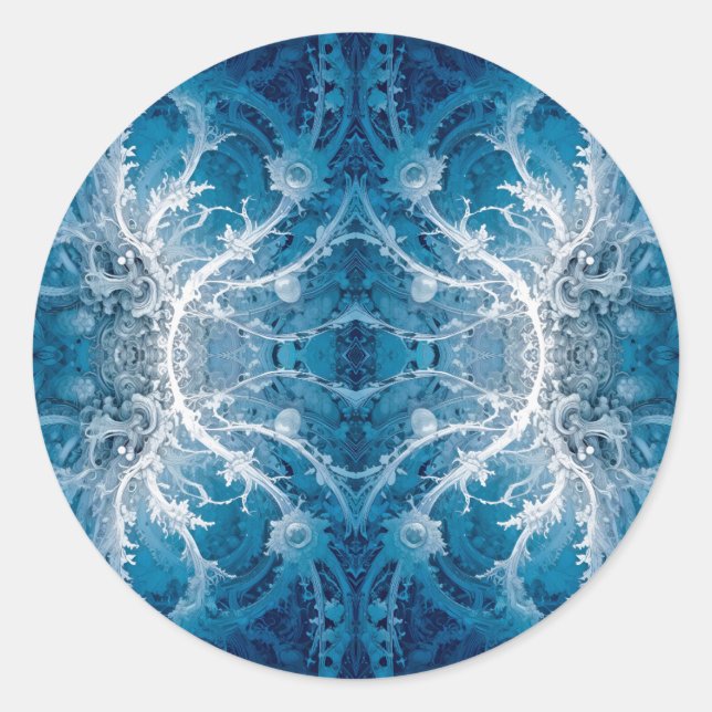 Adesivo Redondo Fluxo Cósmico Sagrado - Simetria de Prata Azul (Frente)