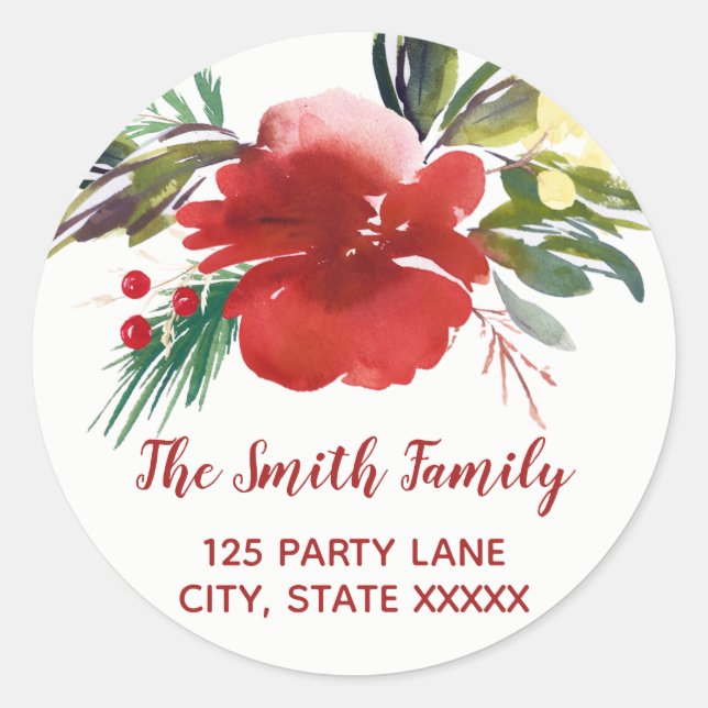 Adesivo Redondo Fluxos de Natal em Aquarela Endereço de Devolução  (Frente)