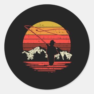 Adesivo Redondo Fly Fishing Pôr do Sol Retro Truta Pescador A