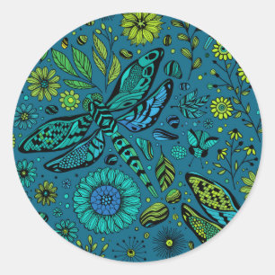 Adesivo Redondo Fly, fly dragonfly on blue