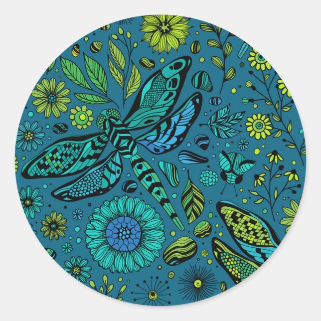 Adesivo Redondo Fly, fly dragonfly on blue (Frente)