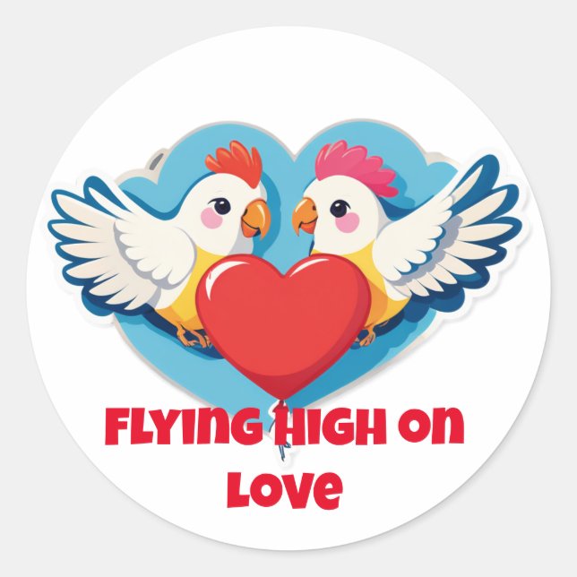 Adesivo Redondo Flying High on Love – Balloon-Holding Lovebirds (Frente)