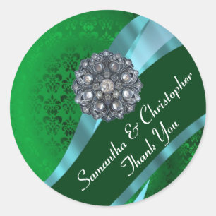 Adesivo Redondo Foca-casamento tema damasco verde e rosa