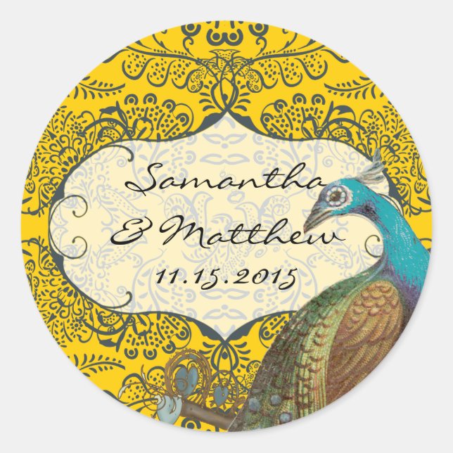 Adesivo Redondo Foca de Casamento de Aves de Pássaro de Peacock ma (Frente)
