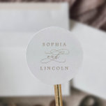 Adesivo Redondo Focas de Envelope Romântico Dourado de Caligrafia<br><div class="desc">Estas selagens românticas do envelope de caligrafia de ouro são perfeitas para um casamento simples. O clássico moderno design apresenta espirais de rico e turbilhões brancos com belíssima e elegante tipografia de folha de ouro de champanhe com letra falsa. Personalize o rótulo com os nomes da noiva e do noivo....</div>