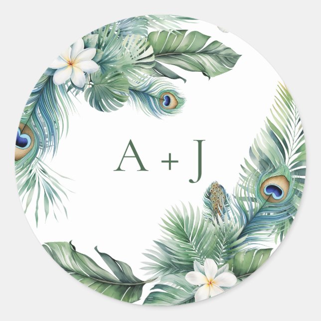 Adesivo Redondo Foco de Casamento de Pavão Tropical Indiana (Frente)
