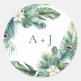 Adesivo Redondo Foco de Casamento de Pavão Tropical Indiana
