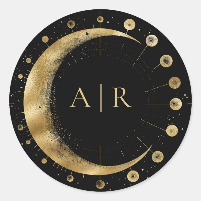 Adesivo Redondo Foco de Envelope de Lua do Crescente Dourado Negro (Frente)