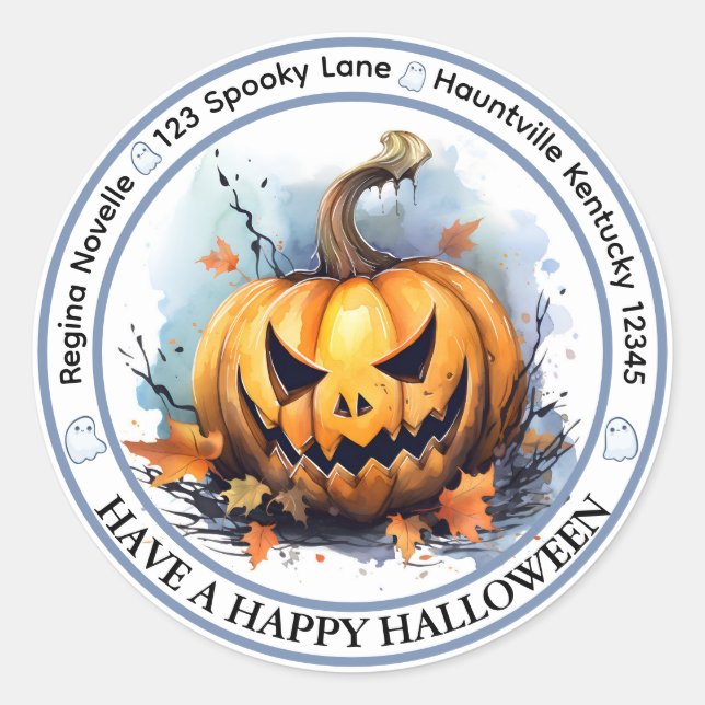 Adesivo Redondo Foco de Envelope Jack-o-lanterno com Aquarela (Frente)