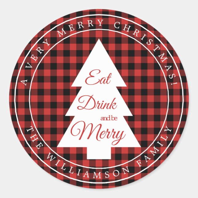 Adesivo Redondo Foco do padrão de Gingham preto vermelho natalino (Frente)