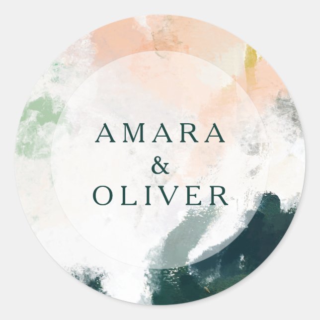 Adesivo Redondo Focos de Envelope Coloridos de Casamento Abstrato (Frente)