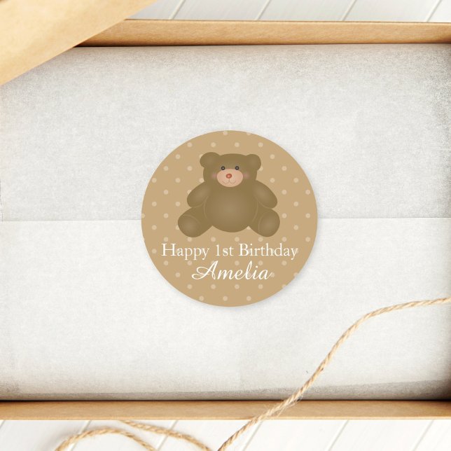 Adesivo Redondo Fofinho Castanho--Bonito Urso-de-Teddy Primeiro An (Criador carregado)