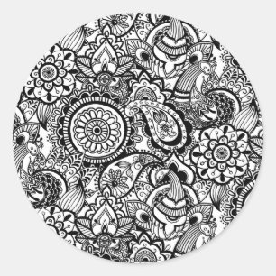 Adesivo Redondo Fofo floral paisley preto e branco