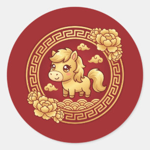 Adesivo Redondo Fofo Kawaii Ano do Cavalo 2026 Ano Novo Chinês
