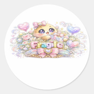 Adesivo Redondo Fofo Kawaii Frágil Manuseie Com Cuidado Gato Paste