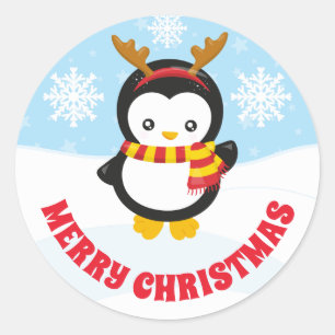 Adesivo Redondo Fofos Penguins Crianças com Galhadas Feliz Natal