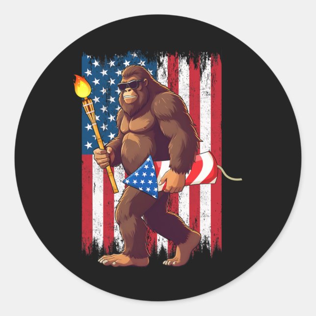 Adesivo Redondo Fogos De Bigfoot 4 De Julho Sasquatch American (Frente)