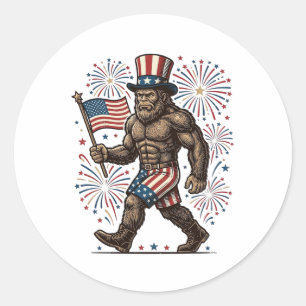 Adesivo Redondo Fogueira Patriótica de Sasquatch Gravura Vintage D
