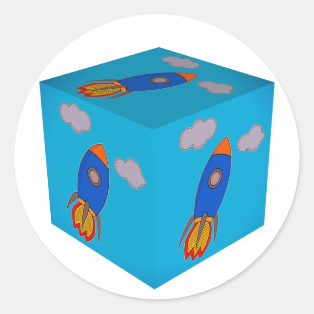 Adesivo Redondo Foguete De Cartografia Espacial Voando E Cubo Céu  (Frente)