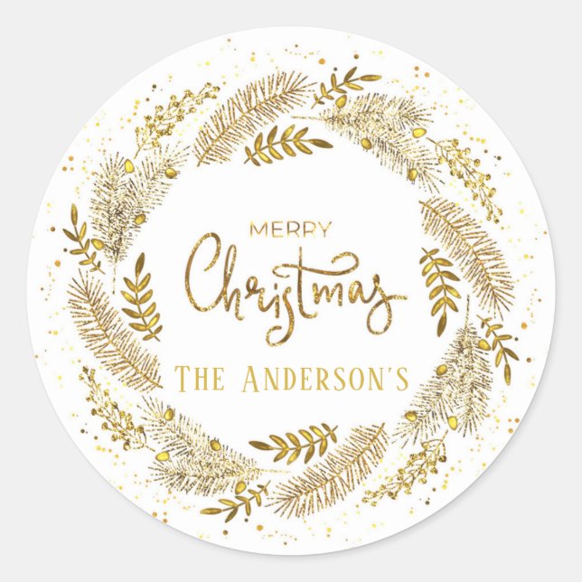 Adesivo Redondo Foil Digital Gold Merry Natal Personalizado (Frente)