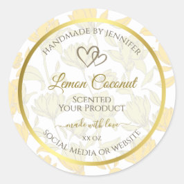 Adesivo Redondo Folha Amarela Pastel com Rótulo de Produto de Quad