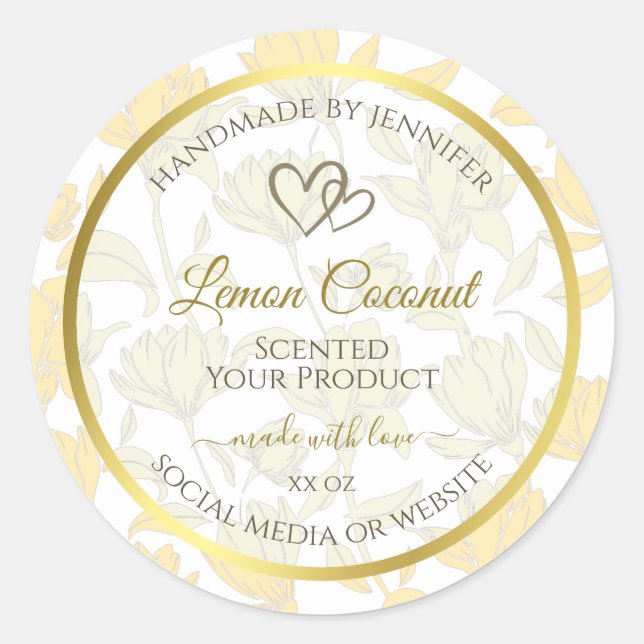 Adesivo Redondo Folha Amarela Pastel com Rótulo de Produto de Quad (Frente)