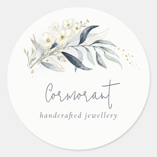 Adesivo Redondo Folha Botânica Floral Verde Azul Dourado em Feixe (Frente)