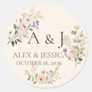 Adesivo Redondo Folha: Casamento de Flores Silvestres Personalizad