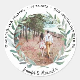 Adesivo Redondo Folha de aquarela russa Casamento Obrigado Foto