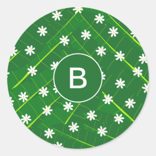 Adesivo Redondo Folha de bananas tropical e flores botânicas verde