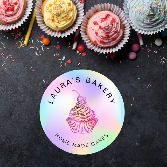 Adesivo Redondo Folha de Holograma Bolos e Doces Cupcake Home Bake (Criador carregado)