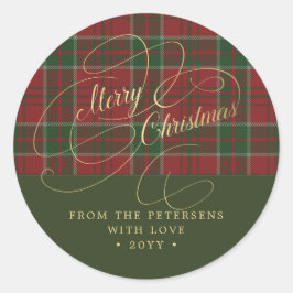 Adesivo Redondo Folha de ouro de Feliz Natal xadrez vermelha russa