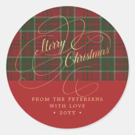 Adesivo Redondo Folha de ouro de Feliz Natal xadrez vermelha russa