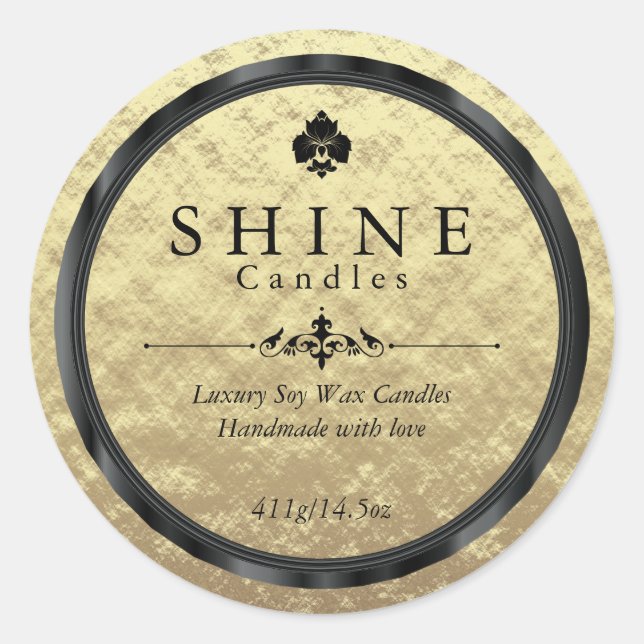 Adesivo Redondo Folha de Ouro Negra e Rótulos Pretos (Frente)