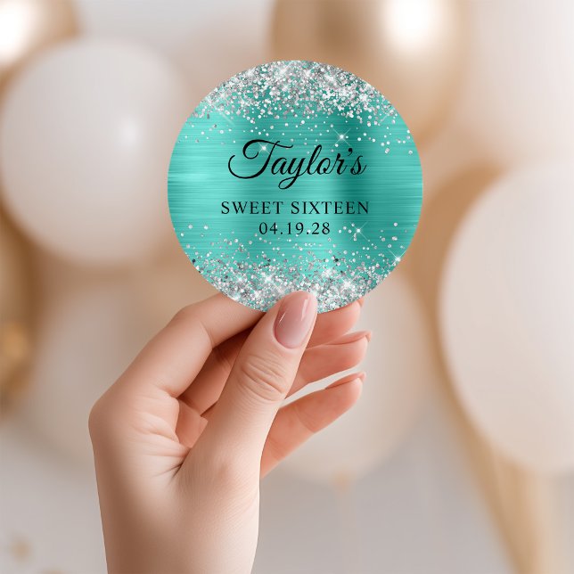 Adesivo Redondo Folha de Turquesa de Silver Glitter 16 (Silver Glitter Turquoise Foil Sweet Sixteen Classic Round Sticker)