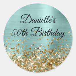 Adesivo Redondo Folha de Turquesa Pálida Folha Dourada com Brilho 