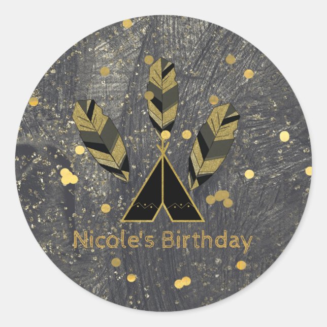 Adesivo Redondo Folha Desenhada à Mão e Tepee Dourado Negra Boho G (Frente)