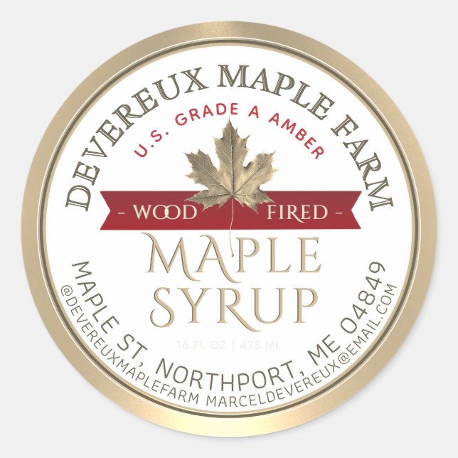 Adesivo Redondo Folha Dourada Folha Vermelha com Cabeça de Xarope (Frente)