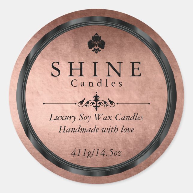 Adesivo Redondo Folha Rosa Gold Faux e rótulos pretos (Frente)